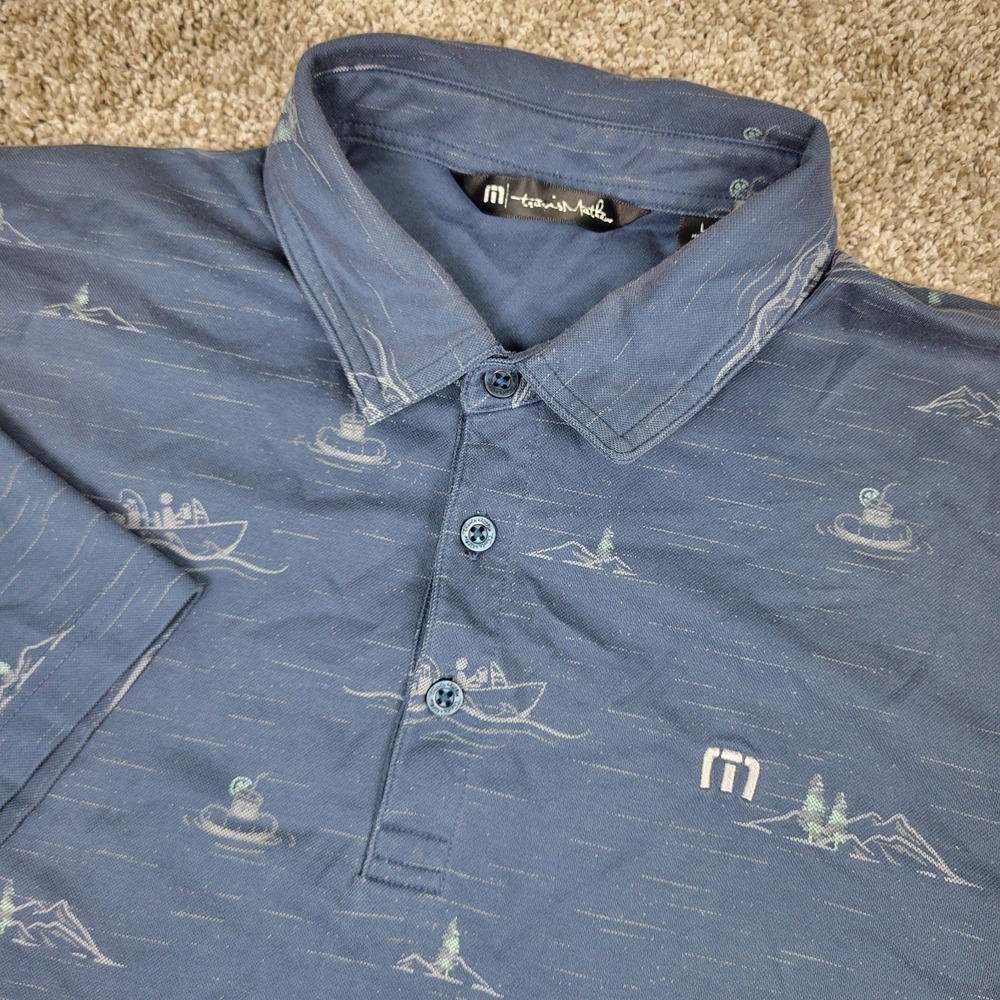 Travis Mathew Mens Large Gray AOP Fishing Boat Performance Stretch Golf Polo